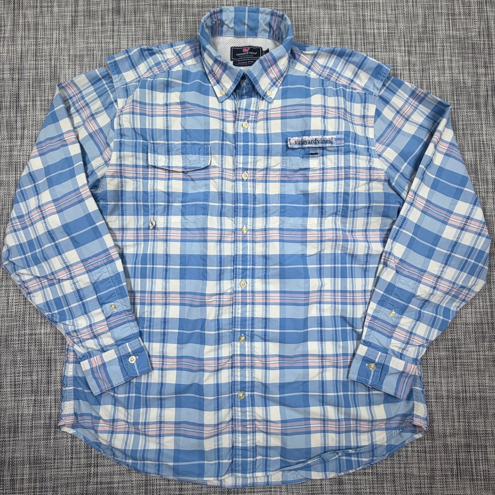 Vineyard Vines Mens Shirt L Blue Plaid Nylon Performance Harbor Vented Fishing